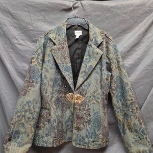 Chico's Blue and Brown Patterned Jean Jacket
